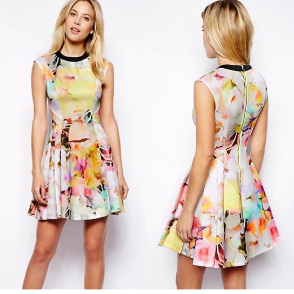 Ted Baker Floral Watercolor Dress in Yellow Pink Multi
